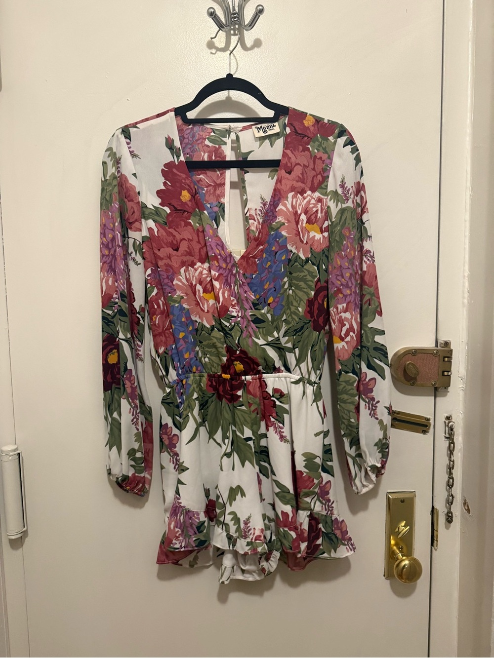 Show Me Your MuMu White Floral V-Neck Long Sleeve Romper with Pink & Green